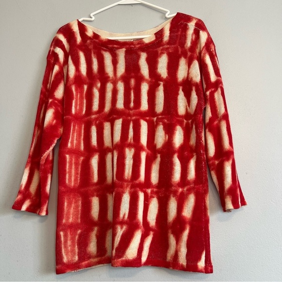Chico's Womens Linen Rayon Crew Neck 3/4 Sleeve Sweater Sz L Red White Tie Dye - Picture 1 of 6